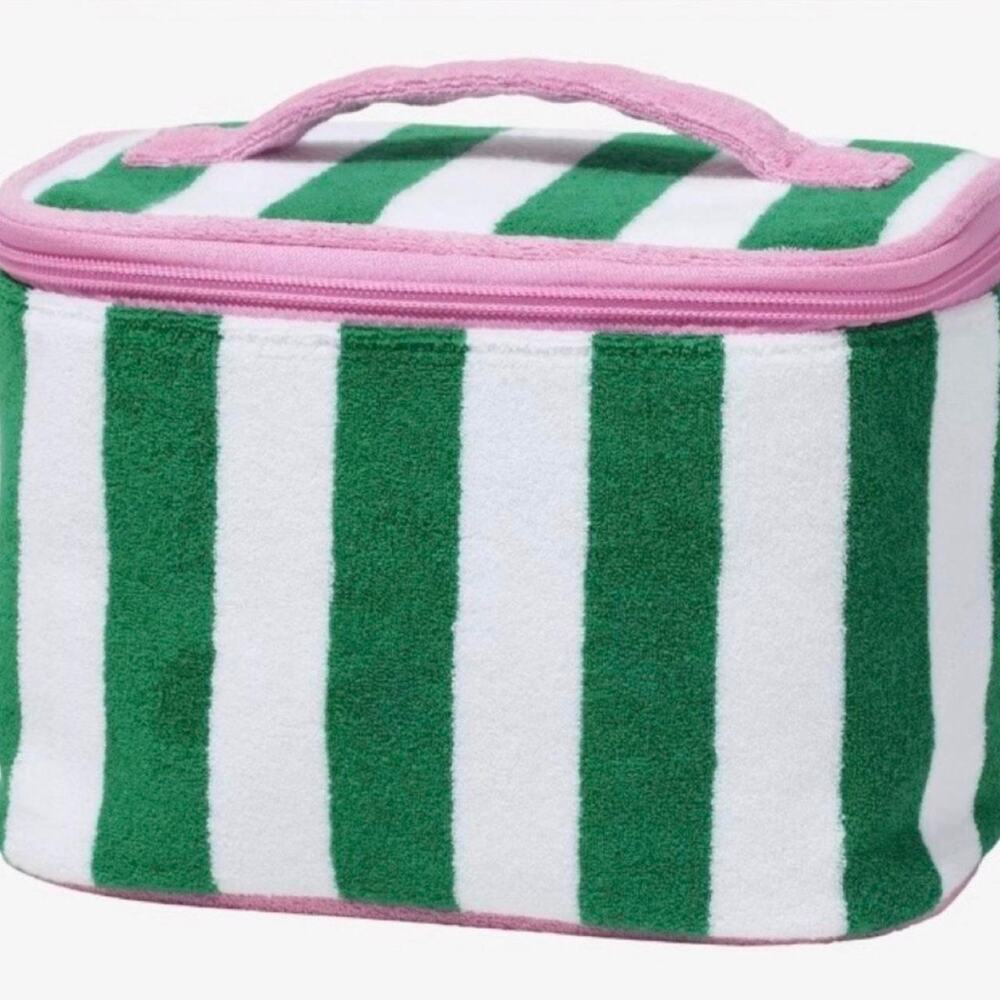 Ulta Beauty Green White Striped Terry Cloth Makeup Train Case Pink